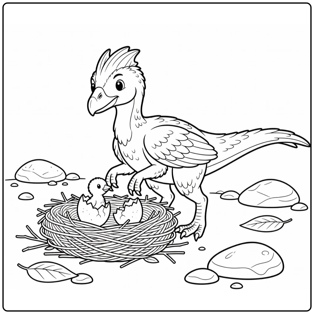 Oviraptor coloring page with parent and hatching chick