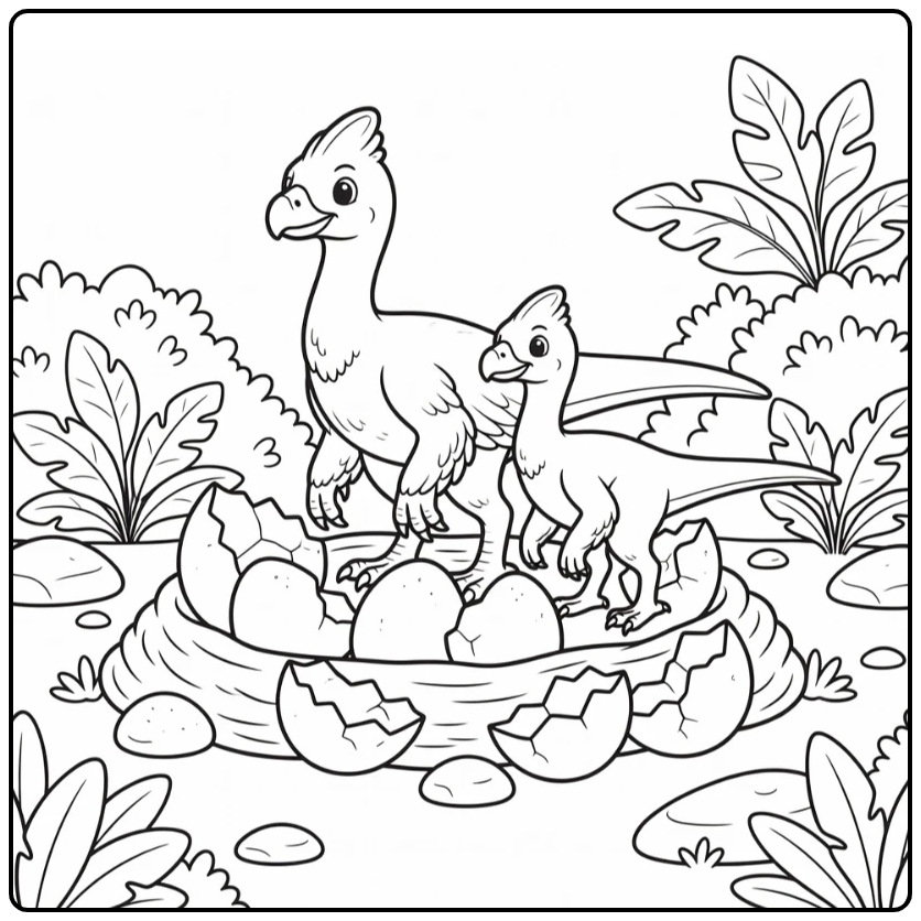 oviraptor coloring page with adult guiding juvenile near eggs