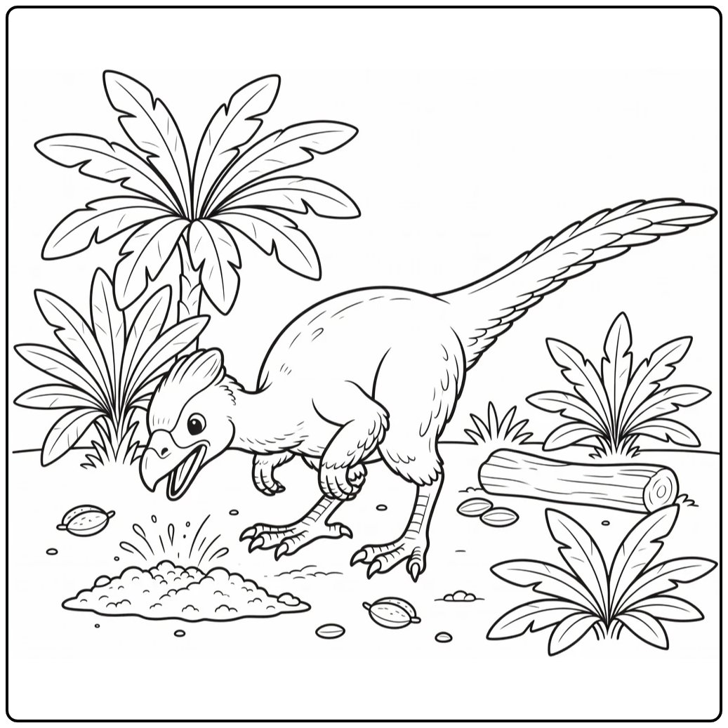 oviraptor coloring page with dinosaur scratching ground