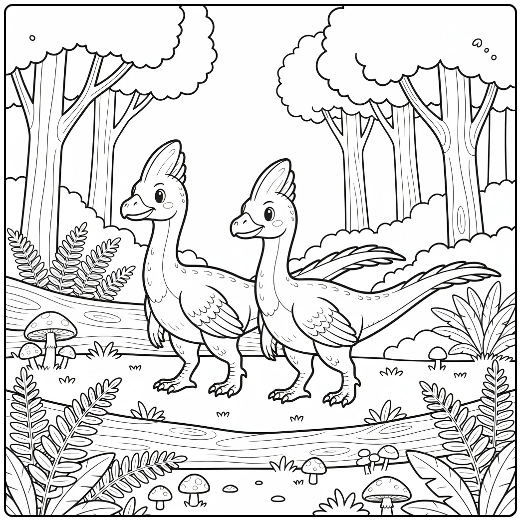 Oviraptor coloring page with two dinosaurs in clearing