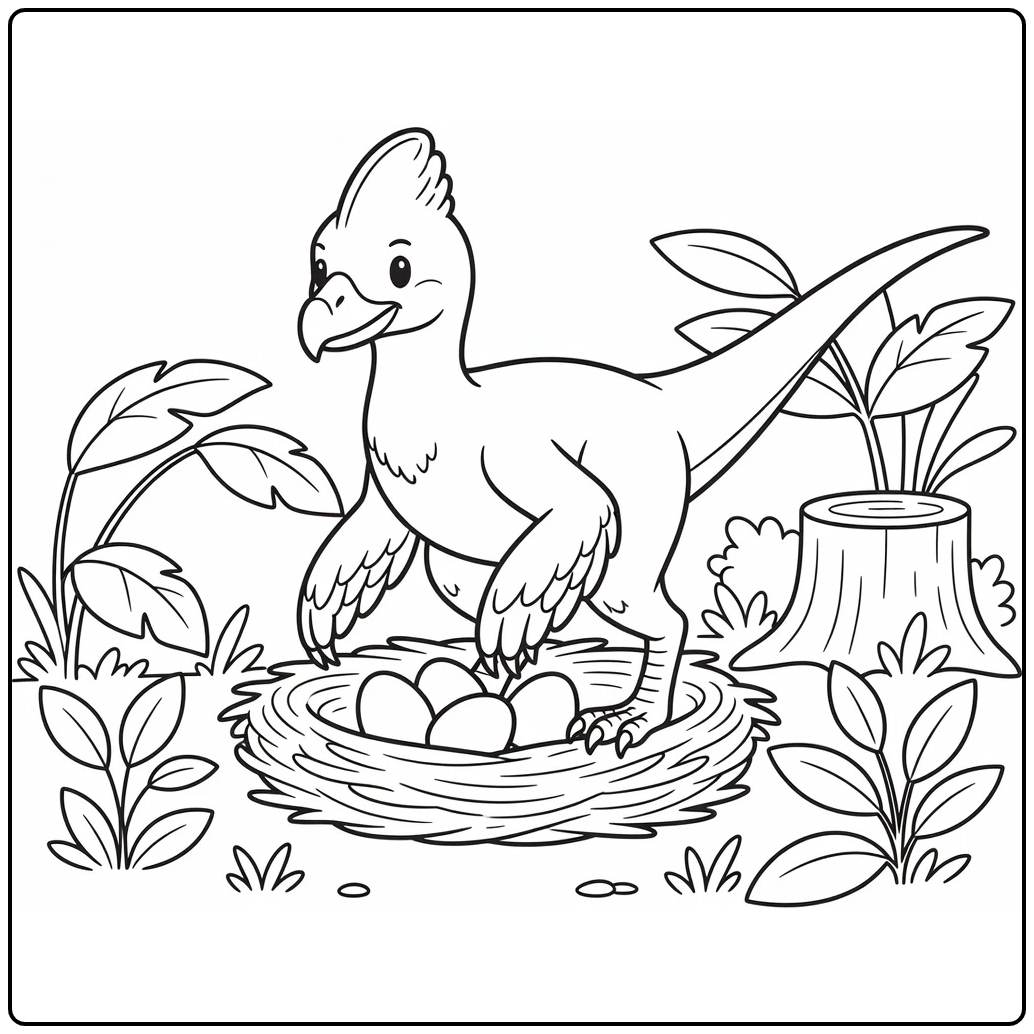 Oviraptor coloring page of dinosaur over egg nest