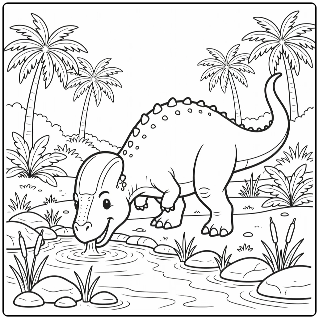 pachycephalosaurus coloring page dino drinking at stream
