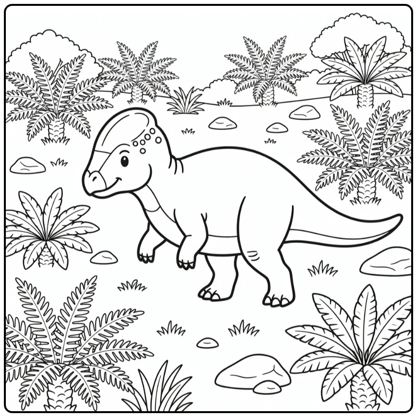 Pachycephalosaurus coloring page dinosaur in fern meadow