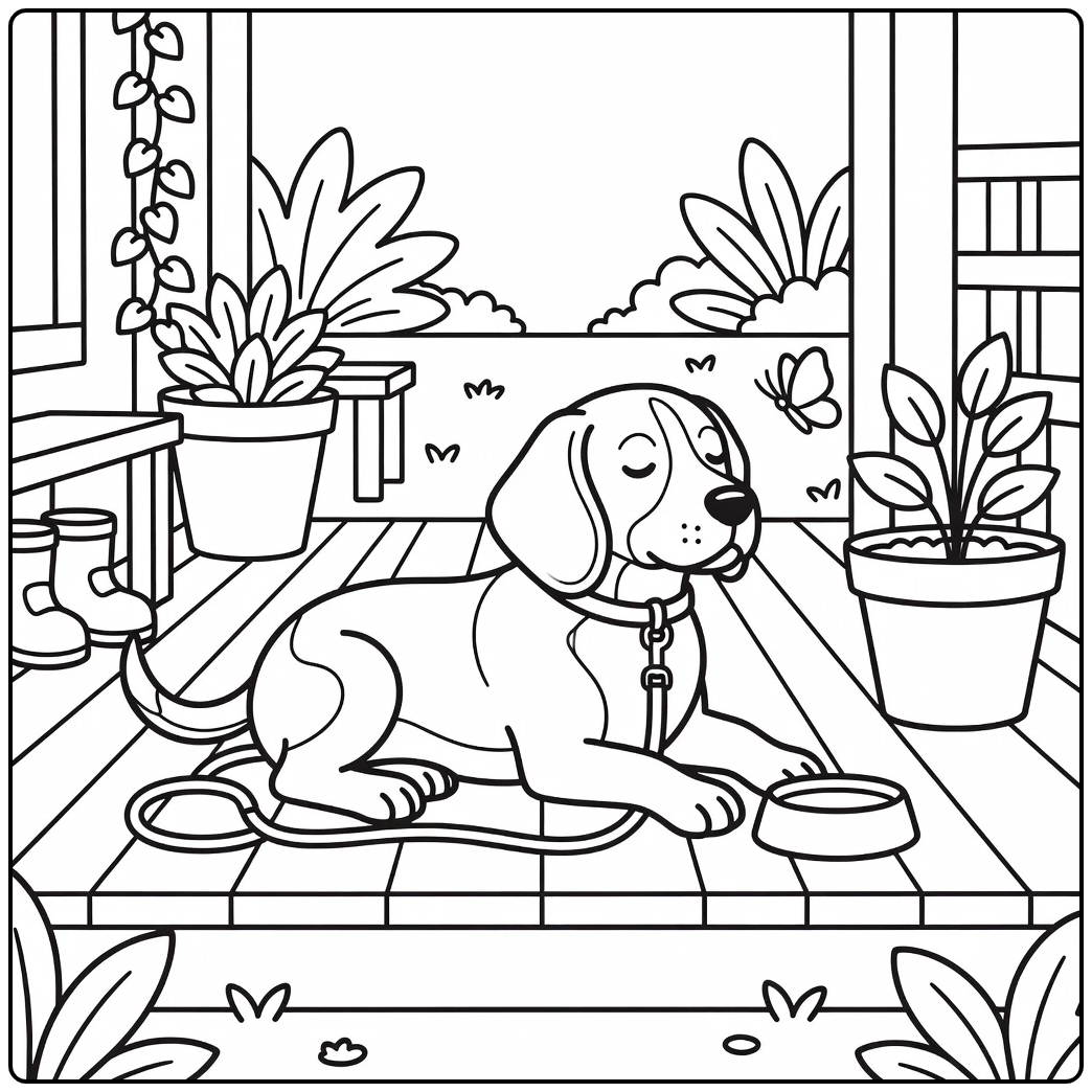 beagle coloring page of dog resting on porch with butterfly