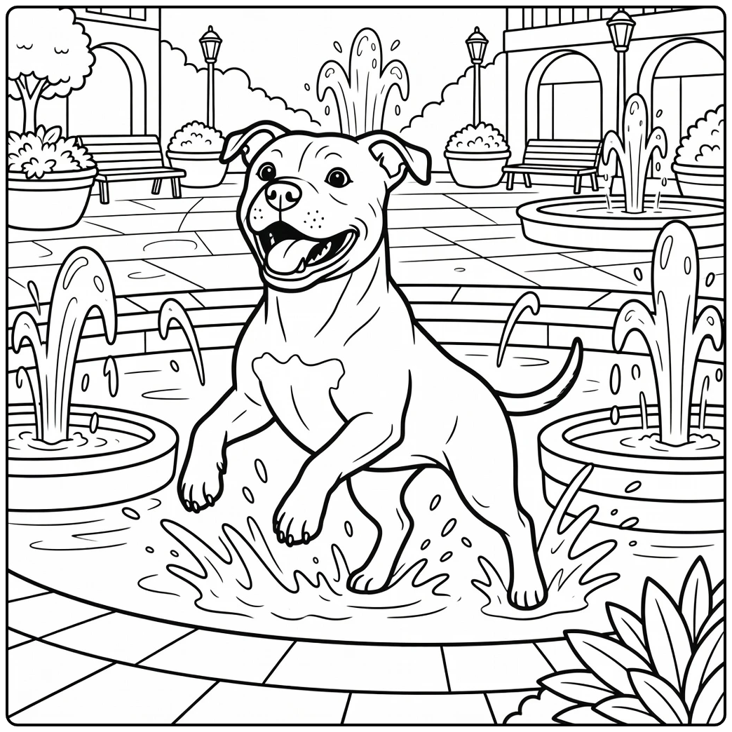 Pitbull coloring page of energetic dog in fountain plaza