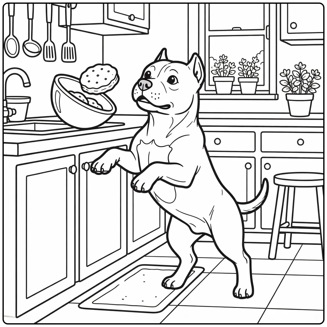 pitbull coloring page playful dog catching biscuit