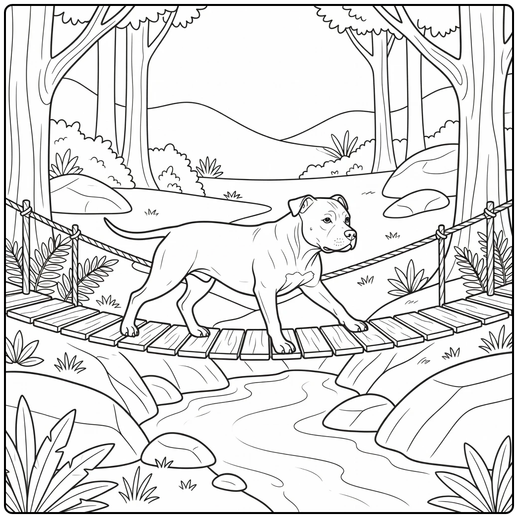 pitbull coloring page adventurous pit bull on bridge