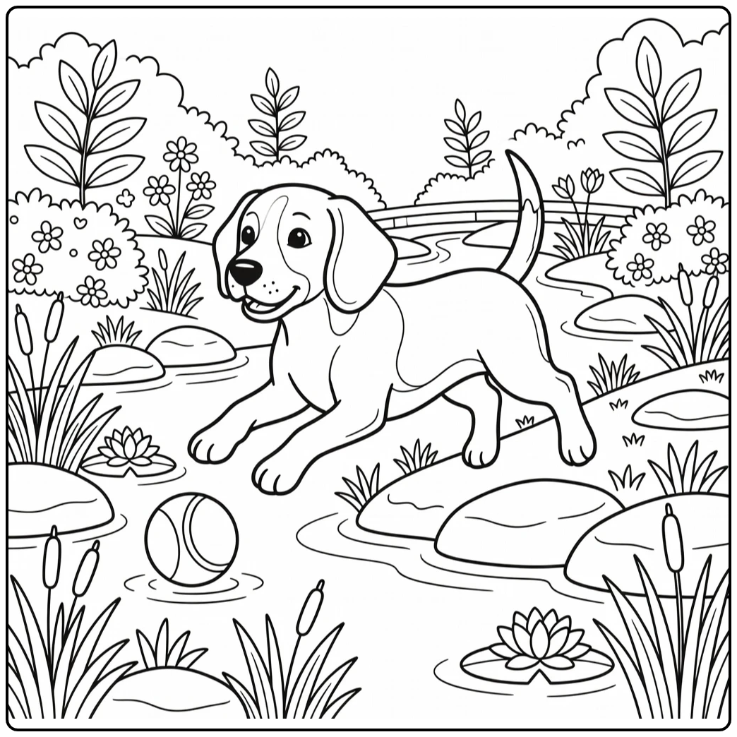 beagle coloring page showing playful beagle leaping over stream