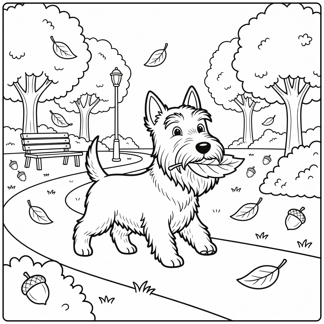 scottie dog coloring page with terrier carrying leaf in park