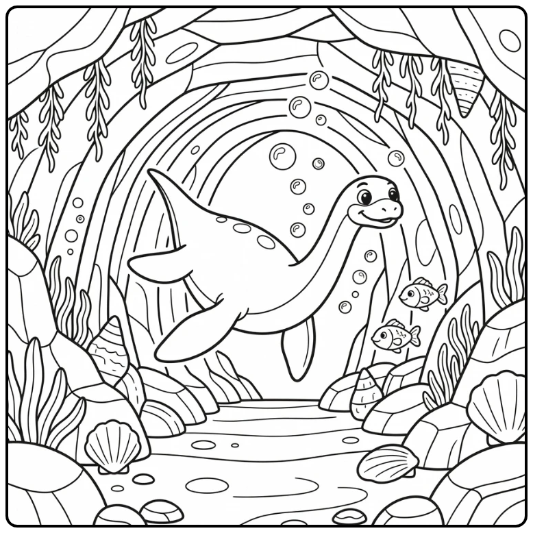 Plesiosaurus coloring page diving into underwater cave