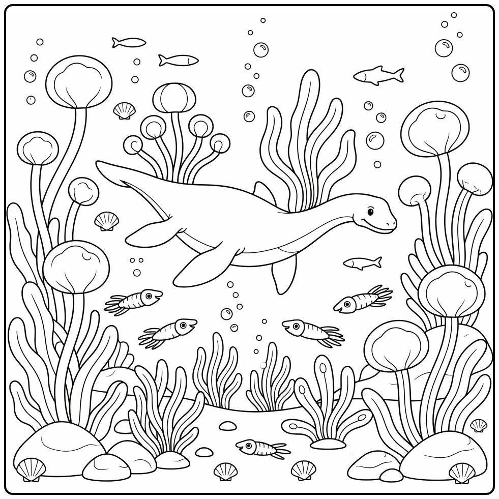 Plesiosaurus coloring page with crinoid meadow and belemnites