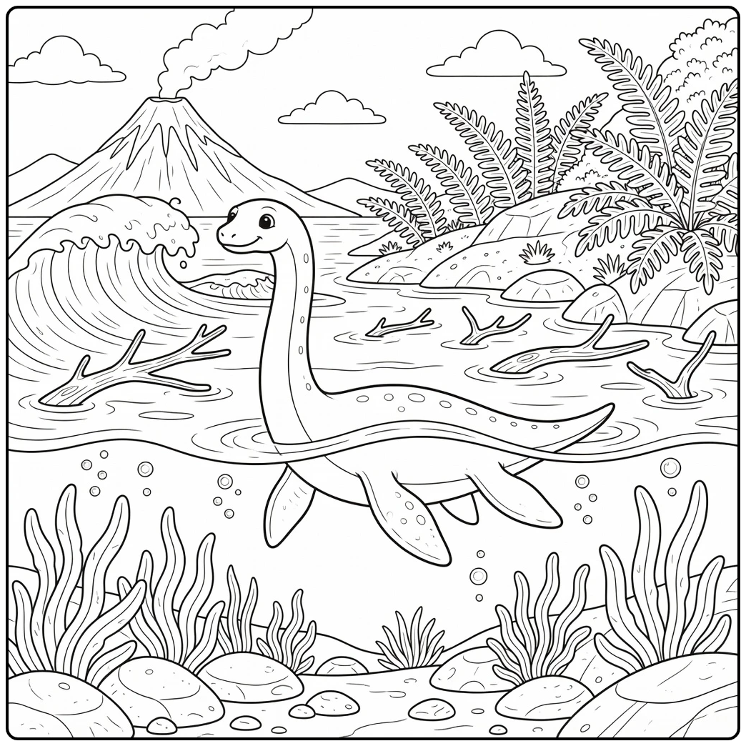 Plesiosaurus coloring page showing dinosaur by active volcano