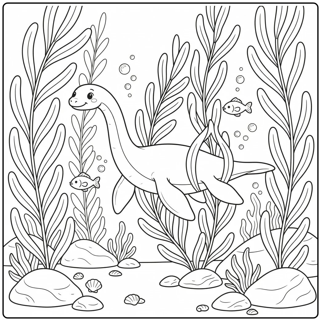 Plesiosaurus coloring page gliding in kelp forest with fish