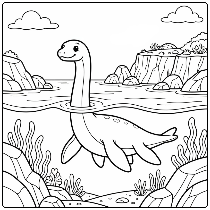Plesiosaurus coloring page with waves island and pterosaur