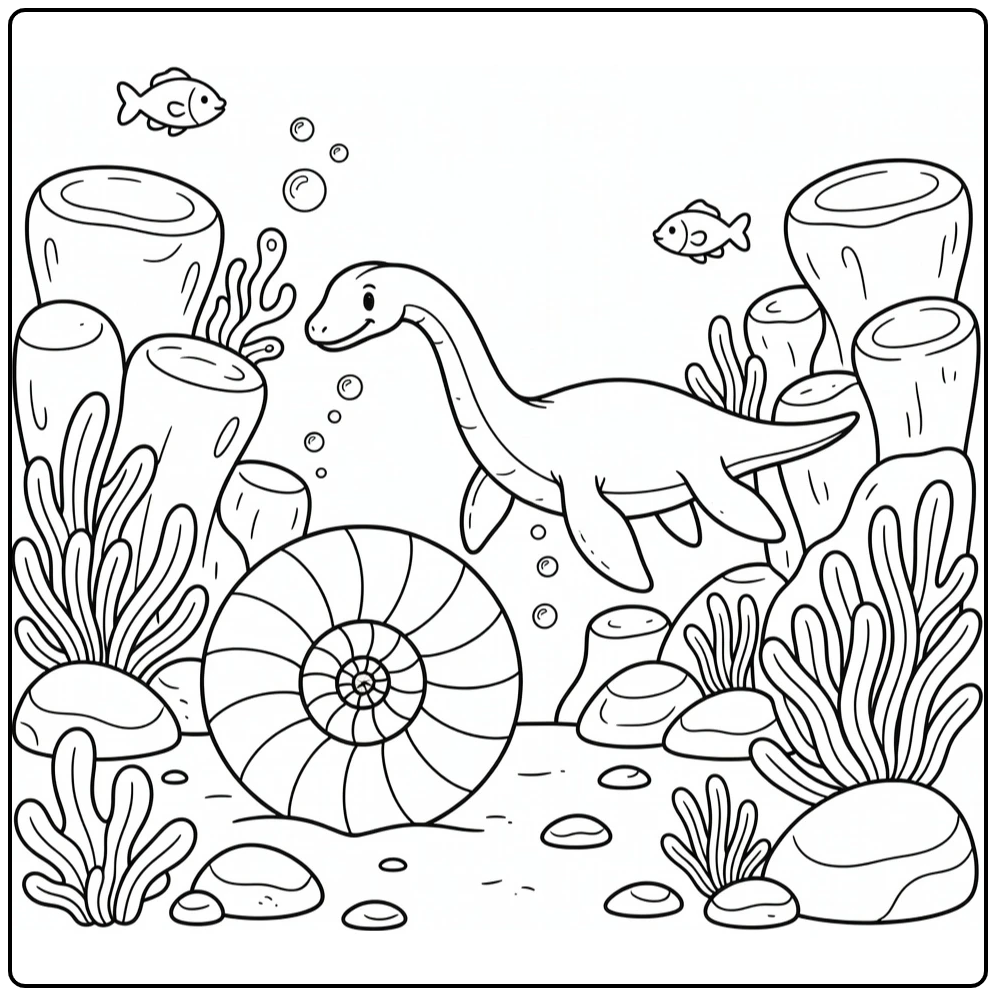 Plesiosaurus coloring page with ammonite and reef