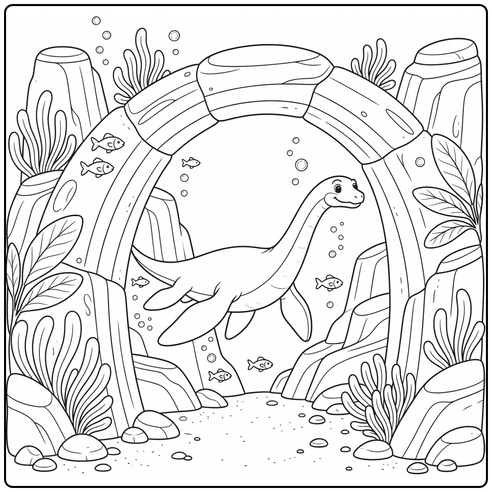 plesiosaurus coloring page with ocean arch and sea life