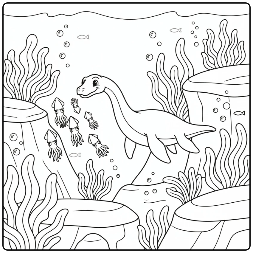 Plesiosaurus coloring page with squid and sea plants