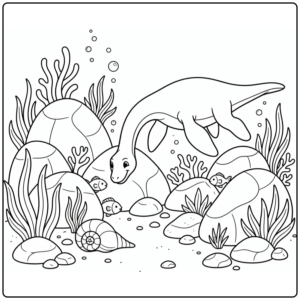 Plesiosaurus coloring page prehistoric ocean scene with fish