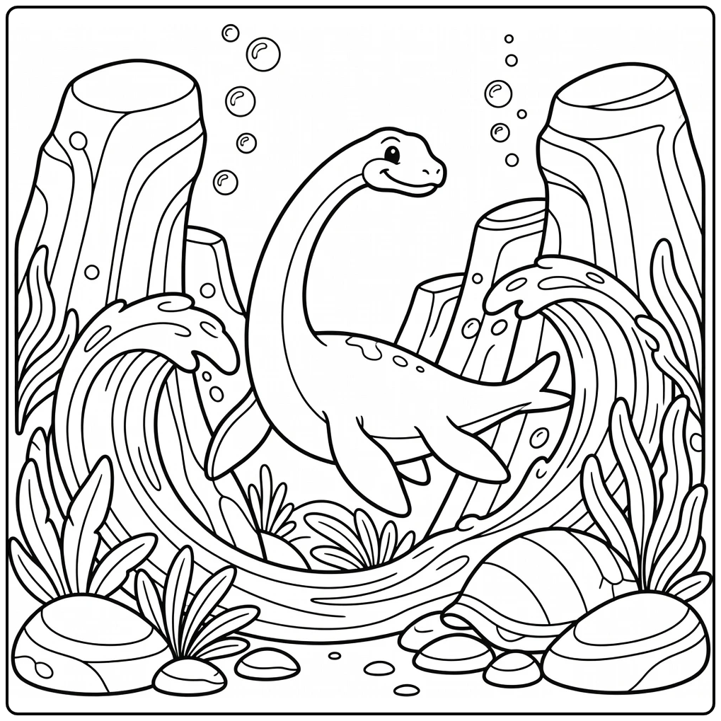 Plesiosaurus coloring page in dynamic ocean current pose