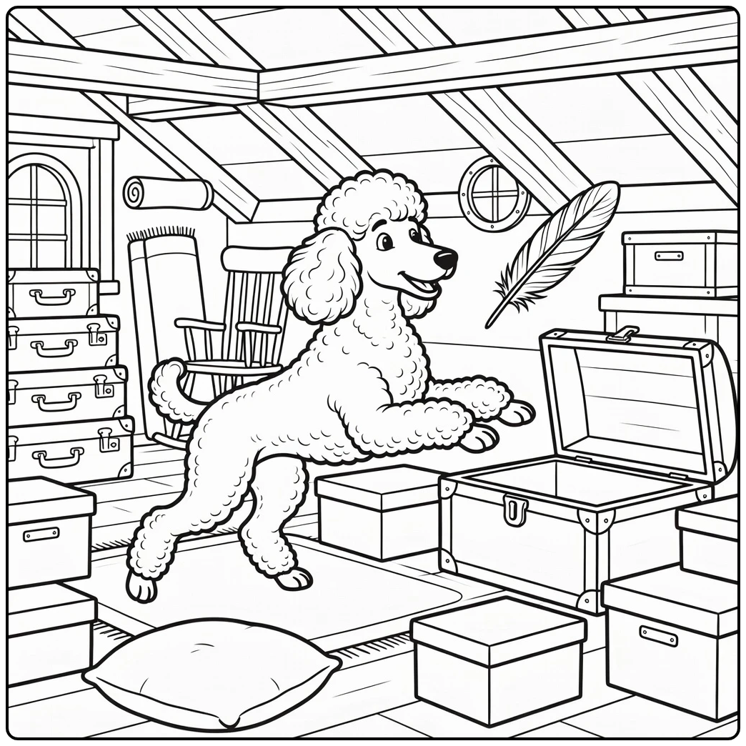 Poodle coloring page of playful poodle pouncing at feather