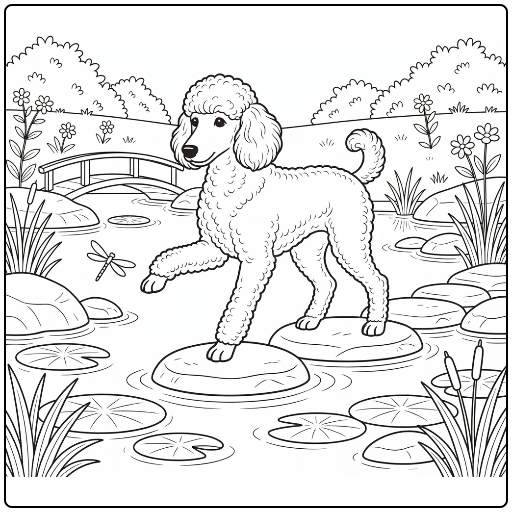 Poodle coloring page of dog on stepping stones reaching for dragonfly
