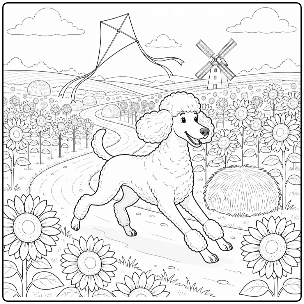 poodle coloring page energetic poodle chasing kite in sunflowers