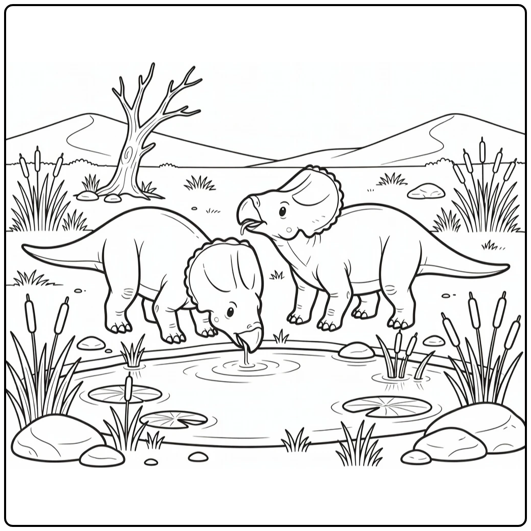 protoceratops coloring page two dinosaurs drinking at pond
