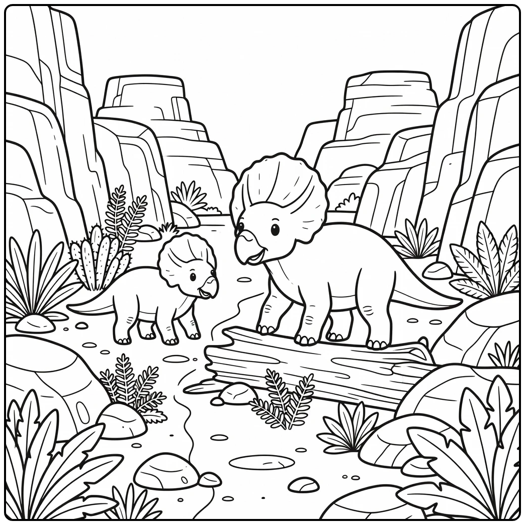 Protoceratops coloring page with dinosaurs in canyon