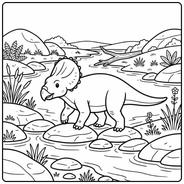 protoceratops coloring page dinosaur crossing stream on stones