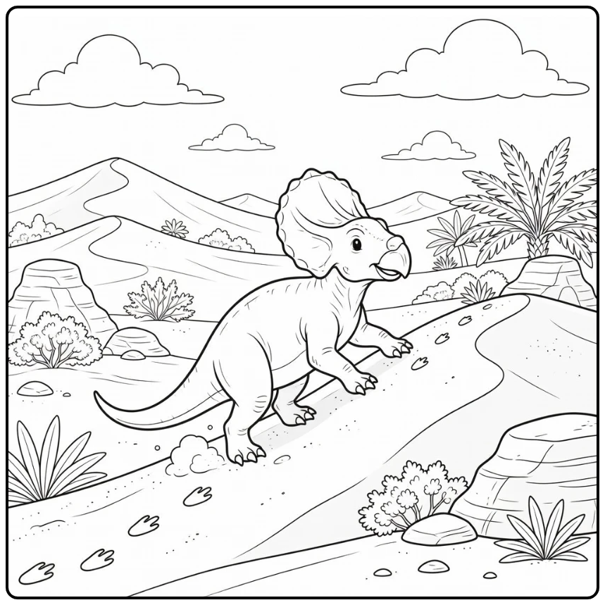 protoceratops coloring page of dinosaur climbing desert dune