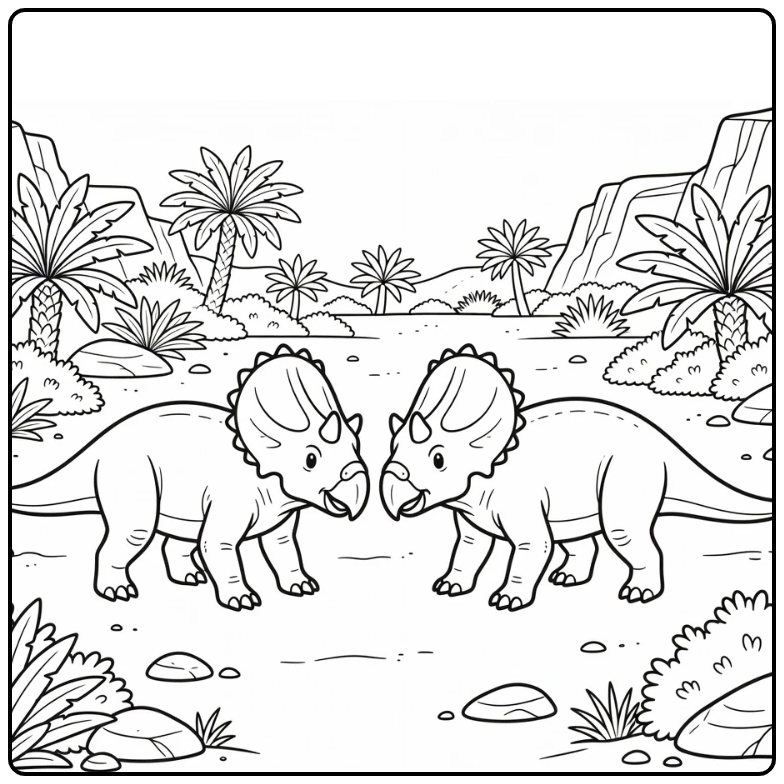 Protoceratops coloring page of two defensive dinosaurs facing