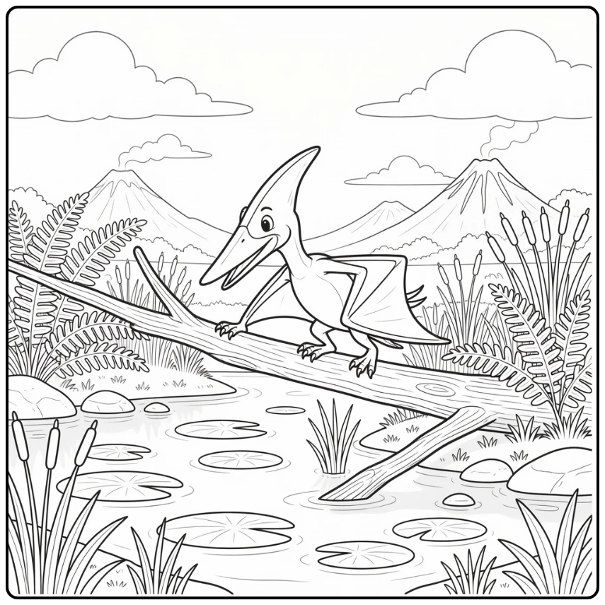pteranodon coloring page in prehistoric marsh scene
