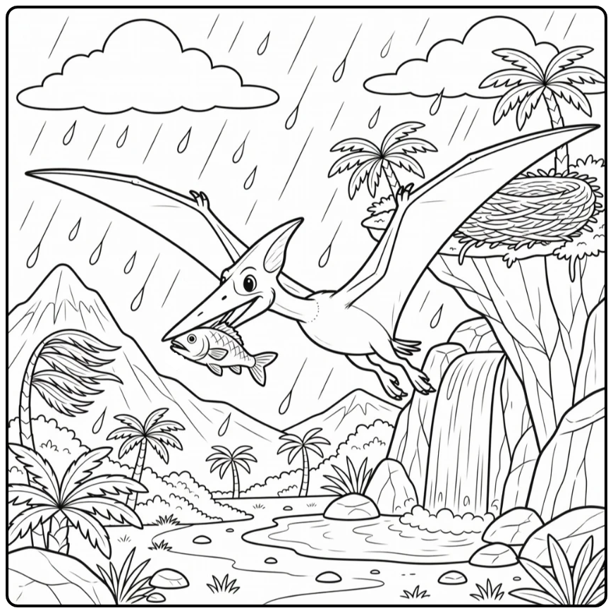 Pteranodon coloring page in rainstorm carrying fish to nest