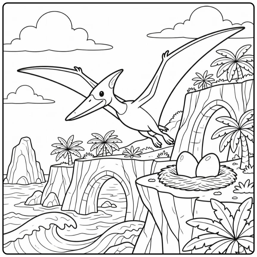 Pteranodon coloring page over prehistoric coastal cliff