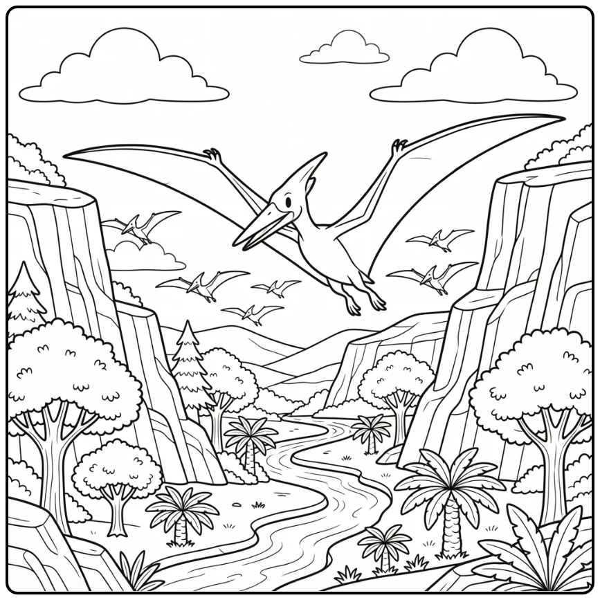 pteranodon coloring page in prehistoric valley flight