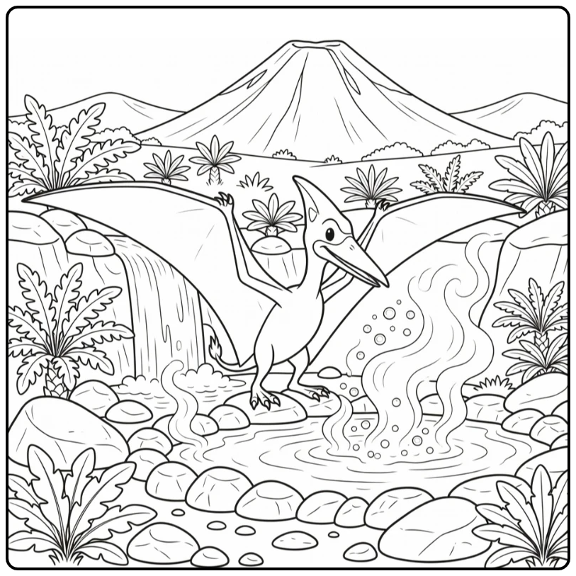 Pteranodon coloring page featuring prehistoric hot spring scene