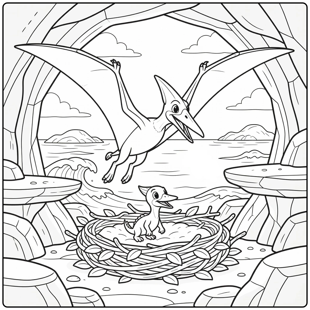 Pteranodon coloring page with hatchling in cliff nest