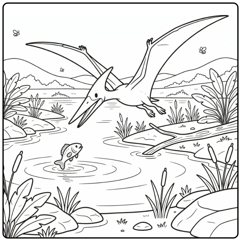 pteranodon coloring page with pteranodon swooping over lagoon