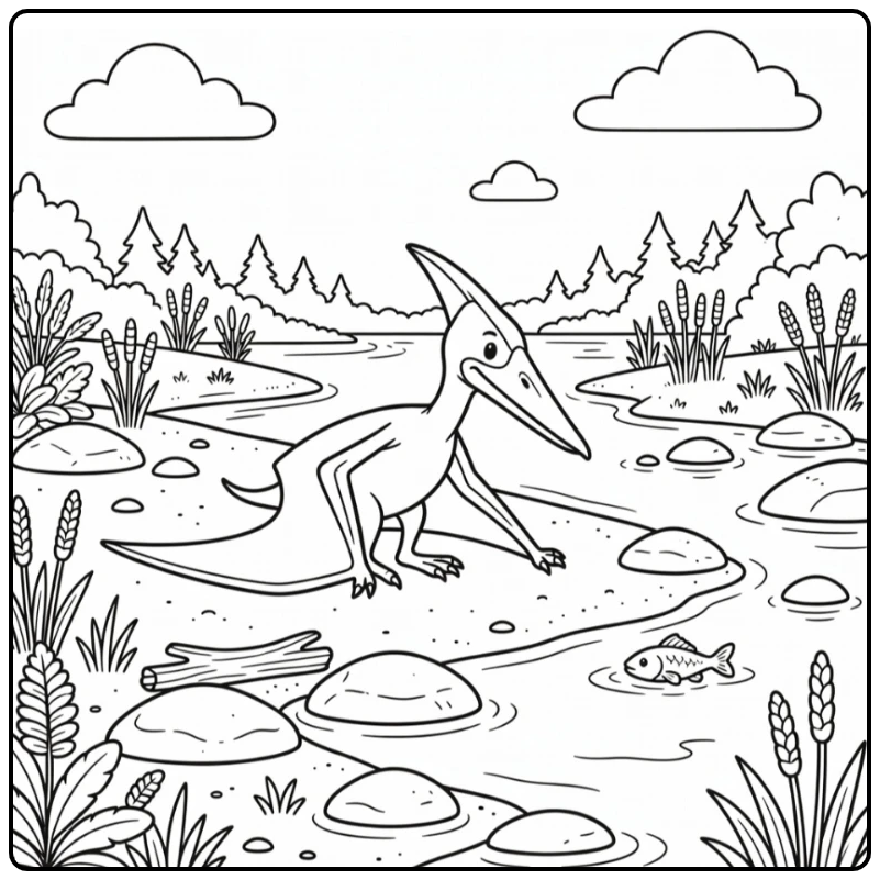 Pteranodon coloring page on sandy riverbank with fish
