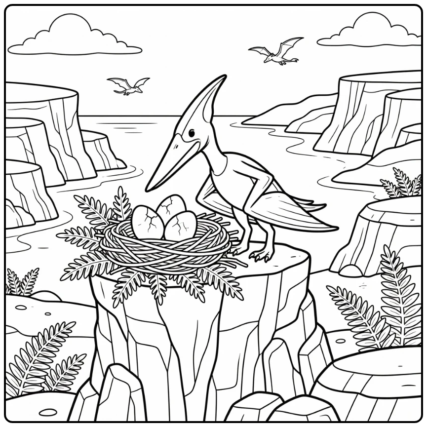 Pteranodon coloring page of dinosaur guarding eggs on cliff
