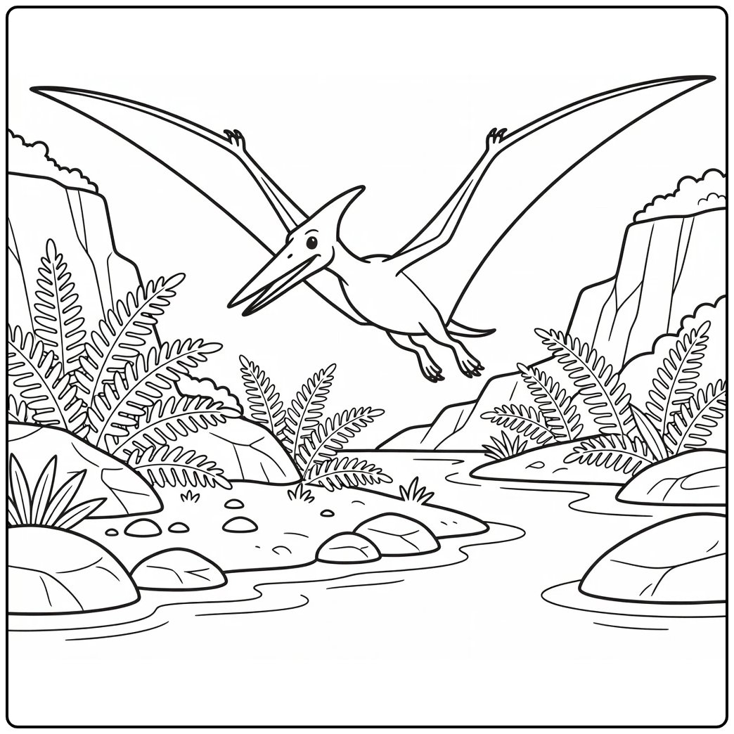 Pterodactyl dinosaur coloring page over rocky shoreline