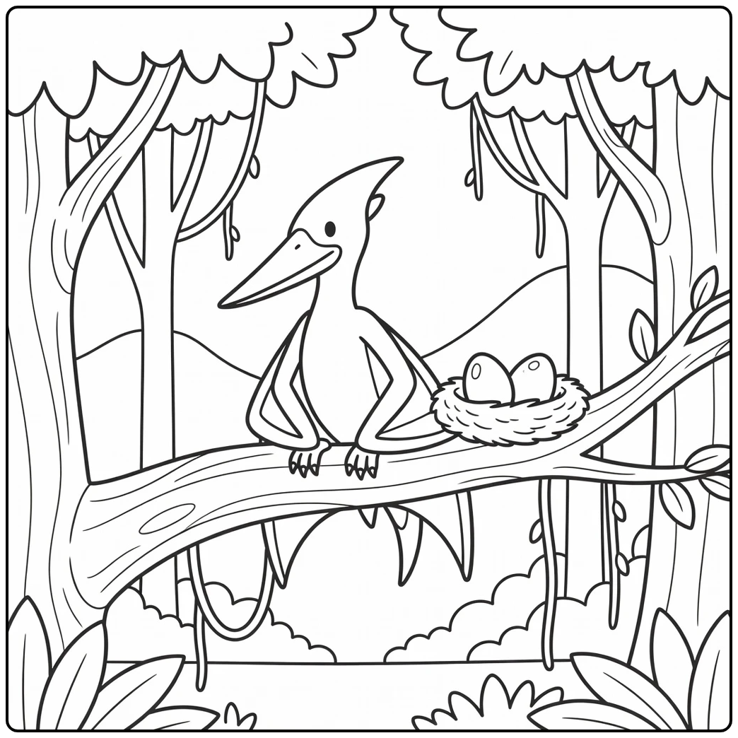 pterodactyl dinosaur coloring page with nest and eggs on branch