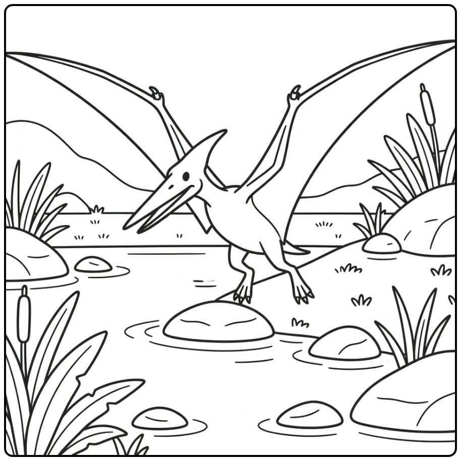 Pterodactyl dinosaur coloring page with lagoon scene