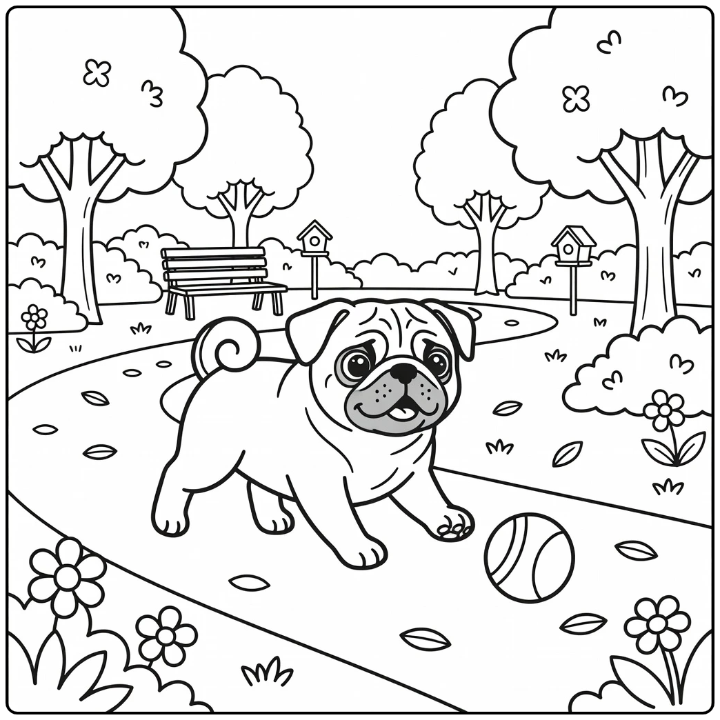 pug coloring page of pug chasing ball in park