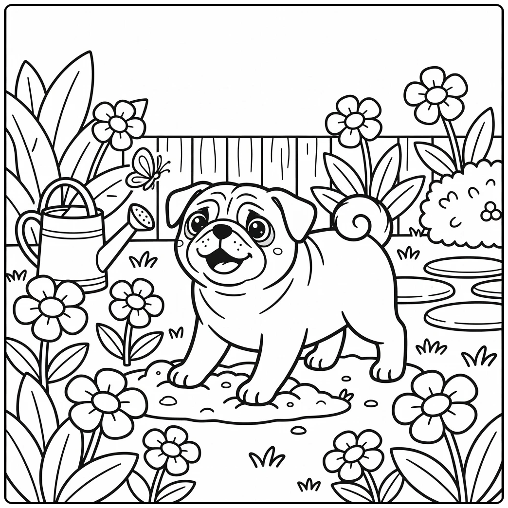 pug coloring page of pug digging in garden watching butterfly
