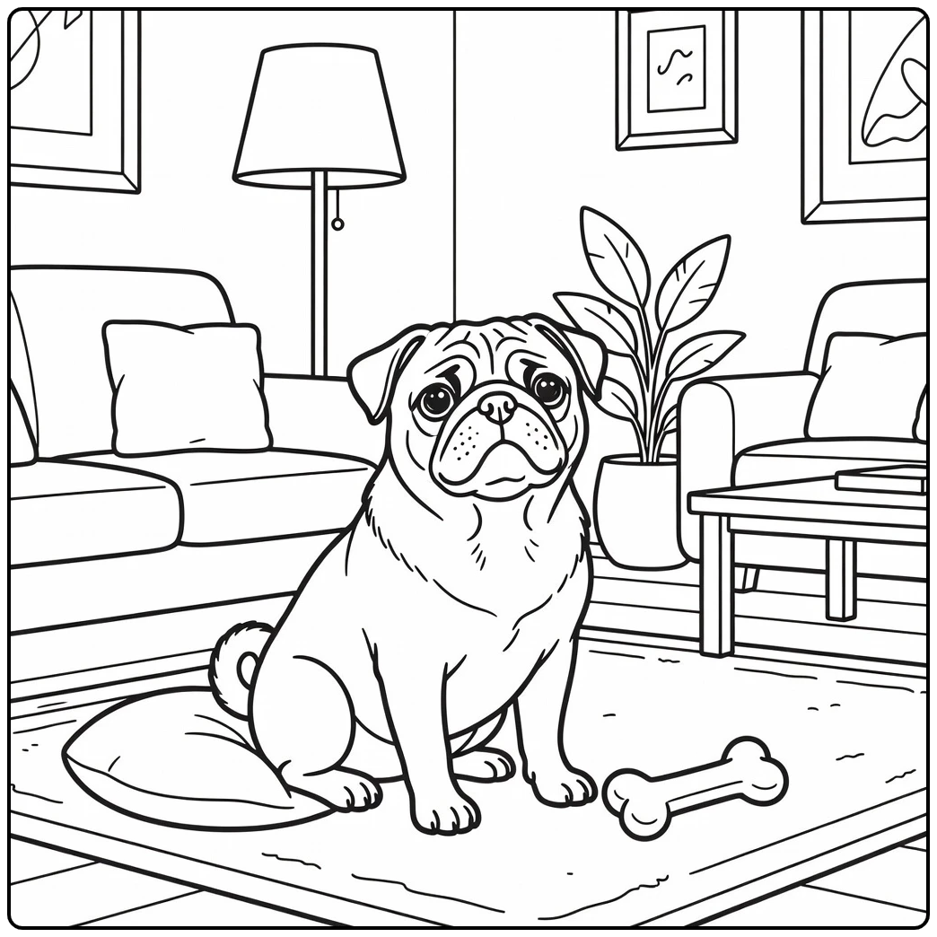 Alert pug coloring page in cozy living room setting