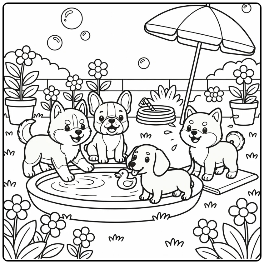 Puppy coloring page showing four cute puppies at a splash pool