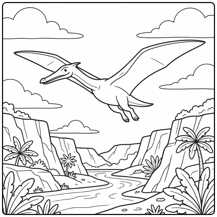 Quetzalcoatlus dinosaur coloring page gliding over canyon