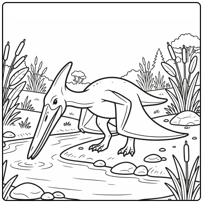 Quetzalcoatlus dinosaur coloring page by the stream