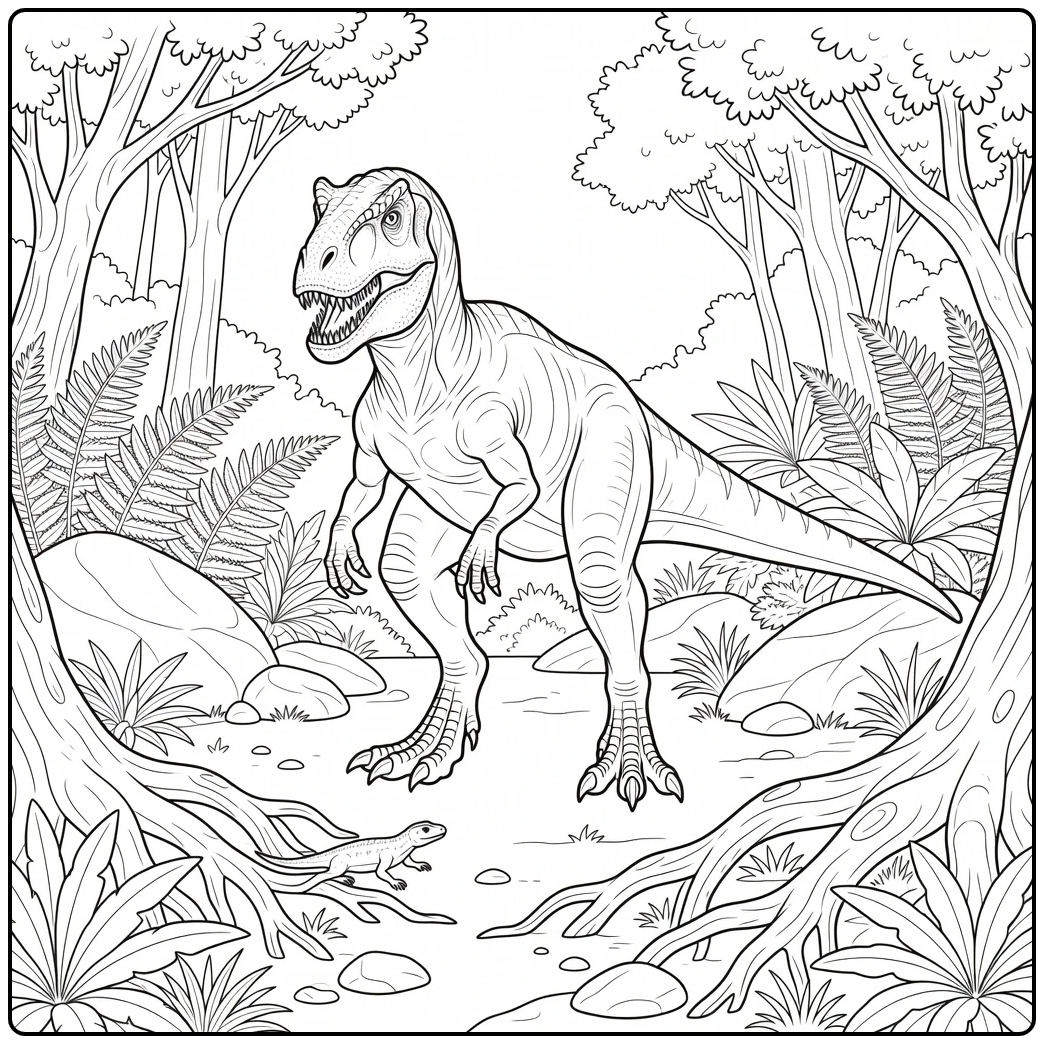 realistic allosaurus coloring page of alert dinosaur in forest